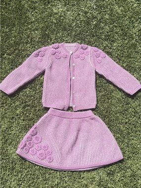 Lilac Knit Floral Cardigan & Skirt Set